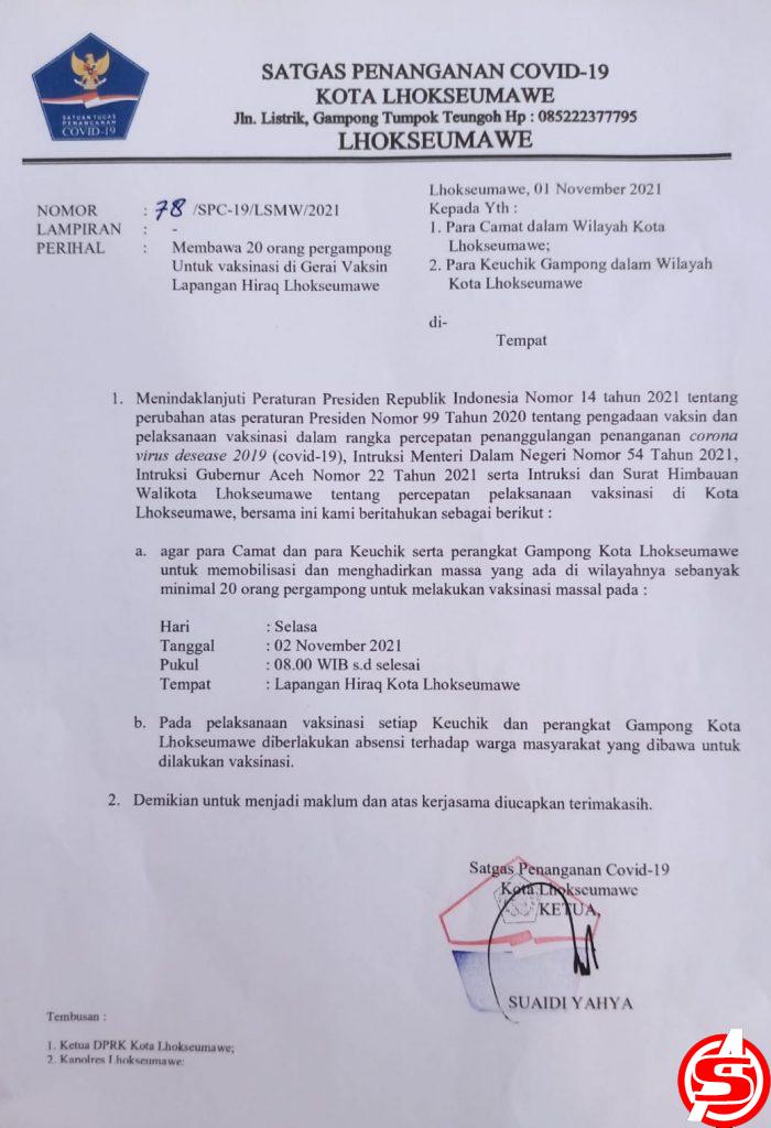 Besok, Geuchik Harus Bawa 20 Orang Pergampong untuk Vaksin