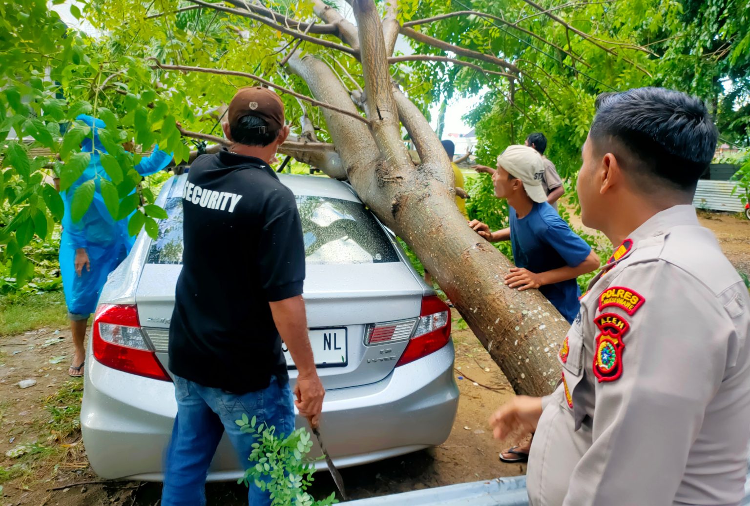 Angin Kencang, Mobil Mewah di Lhokseumawe Tertimpa Pohon Tumbang