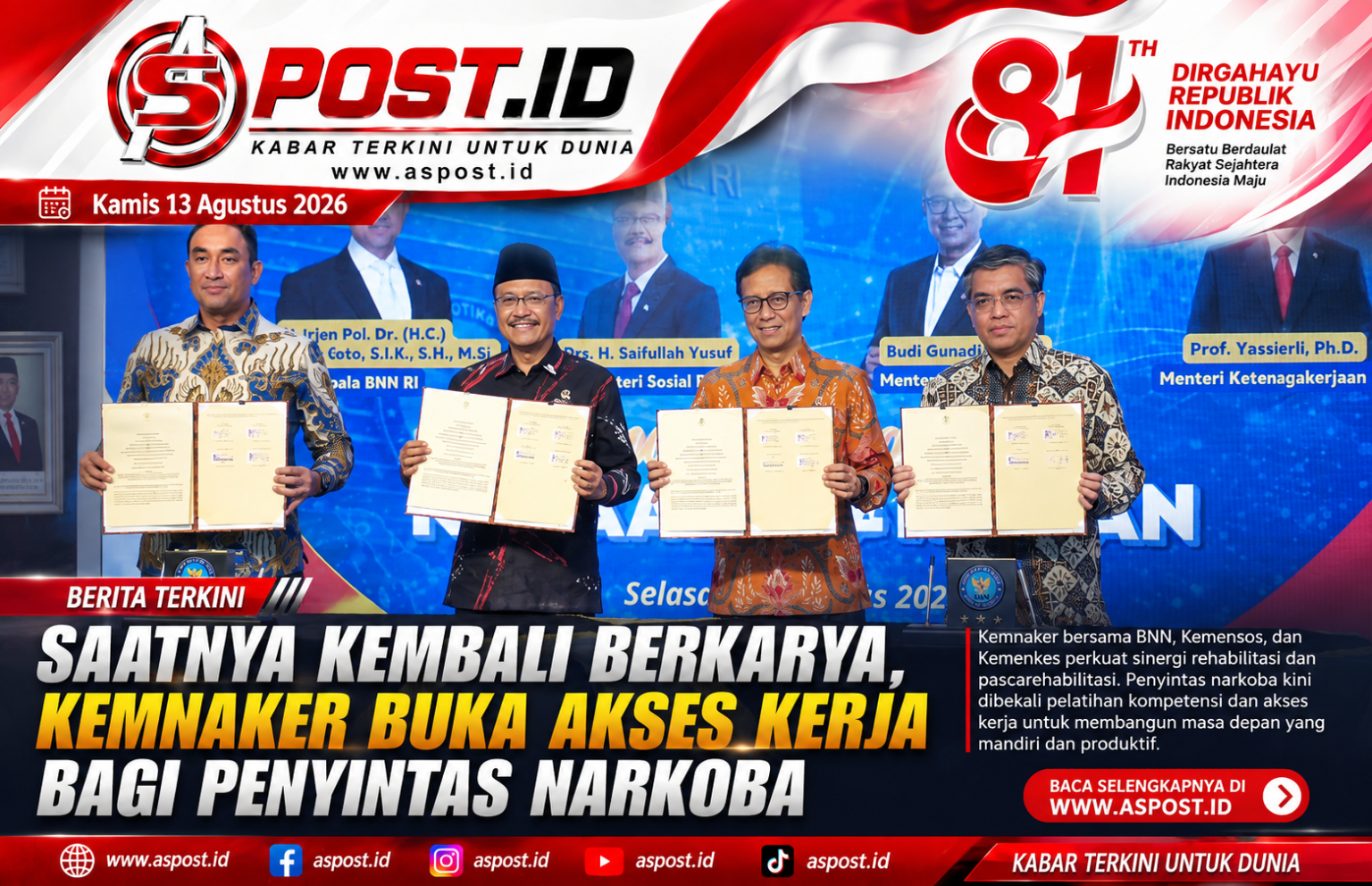 Saatnya Kembali Berkarya, Kemnaker Buka Akses Kerja bagi Penyintas Narkoba