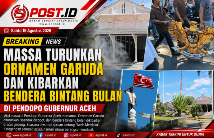 Massa Turunkan Ornamen Garuda dan Kibarkan Bendera Bintang Bulan di Pendopo Gubernur Aceh